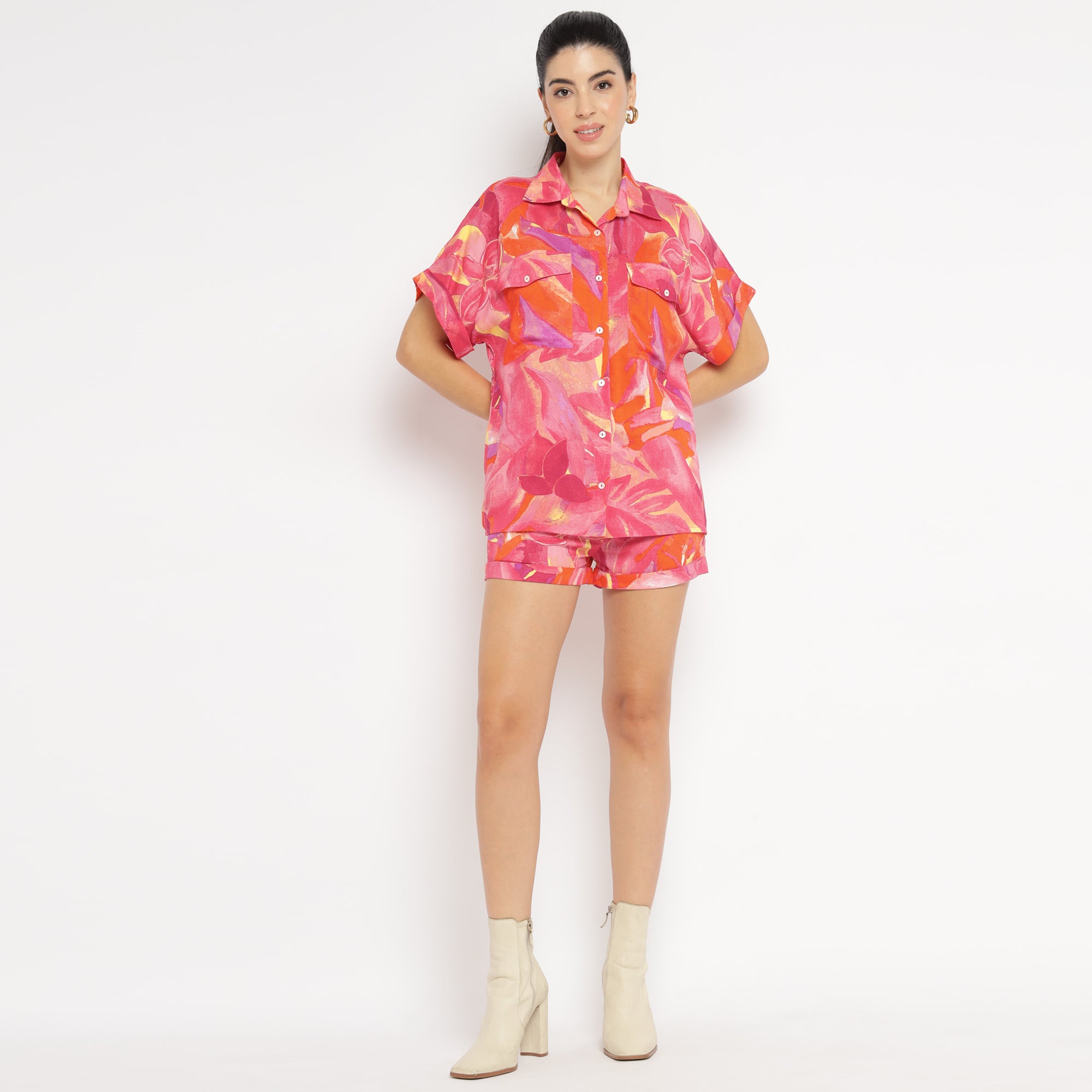 Vibrant Coral-Orange Printed Co-ord Set with Shirt and Shorts